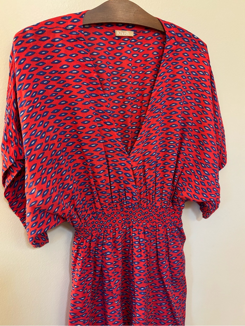 Khush Hawaii Smocked Waist Kaftan Mini Dress Coverup Red Blue Boho Womens L